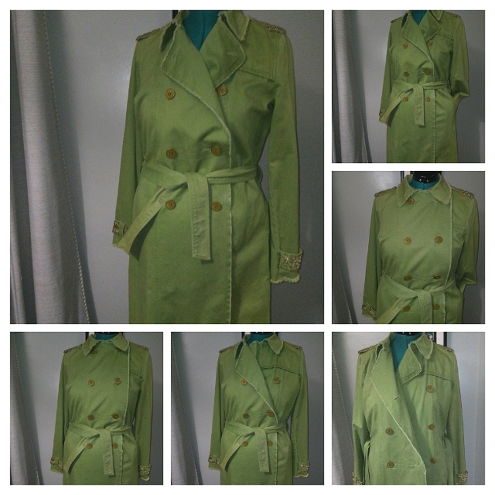 Vintage Ascension Lime Green Cotton Trench Coat Embroidered Sequin Accents Sz 8